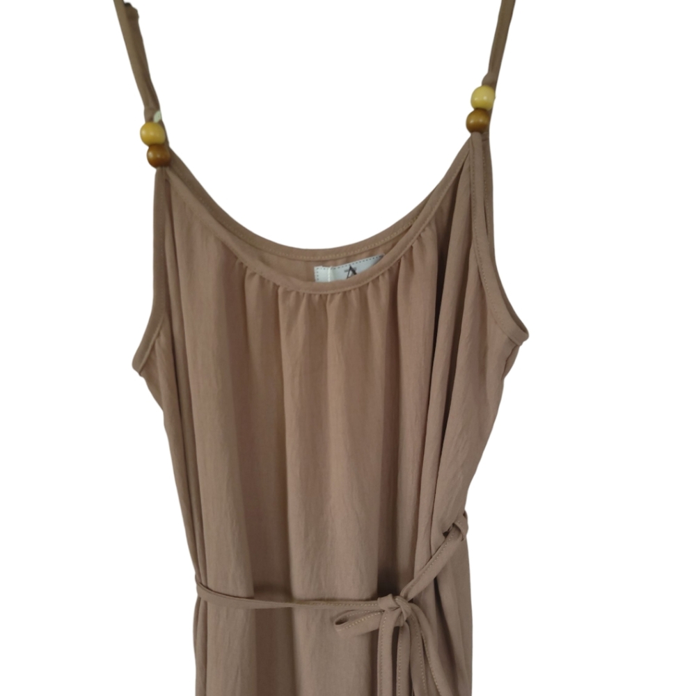 AZ Cottage Boho Flowy Maxi Dress Beaded Straps Tiered Ruffle Taupe S/M - Picture 11 of 15